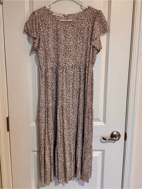 Cream And Brown Animal Print Tiered Midi Dress Women’s Sz Med